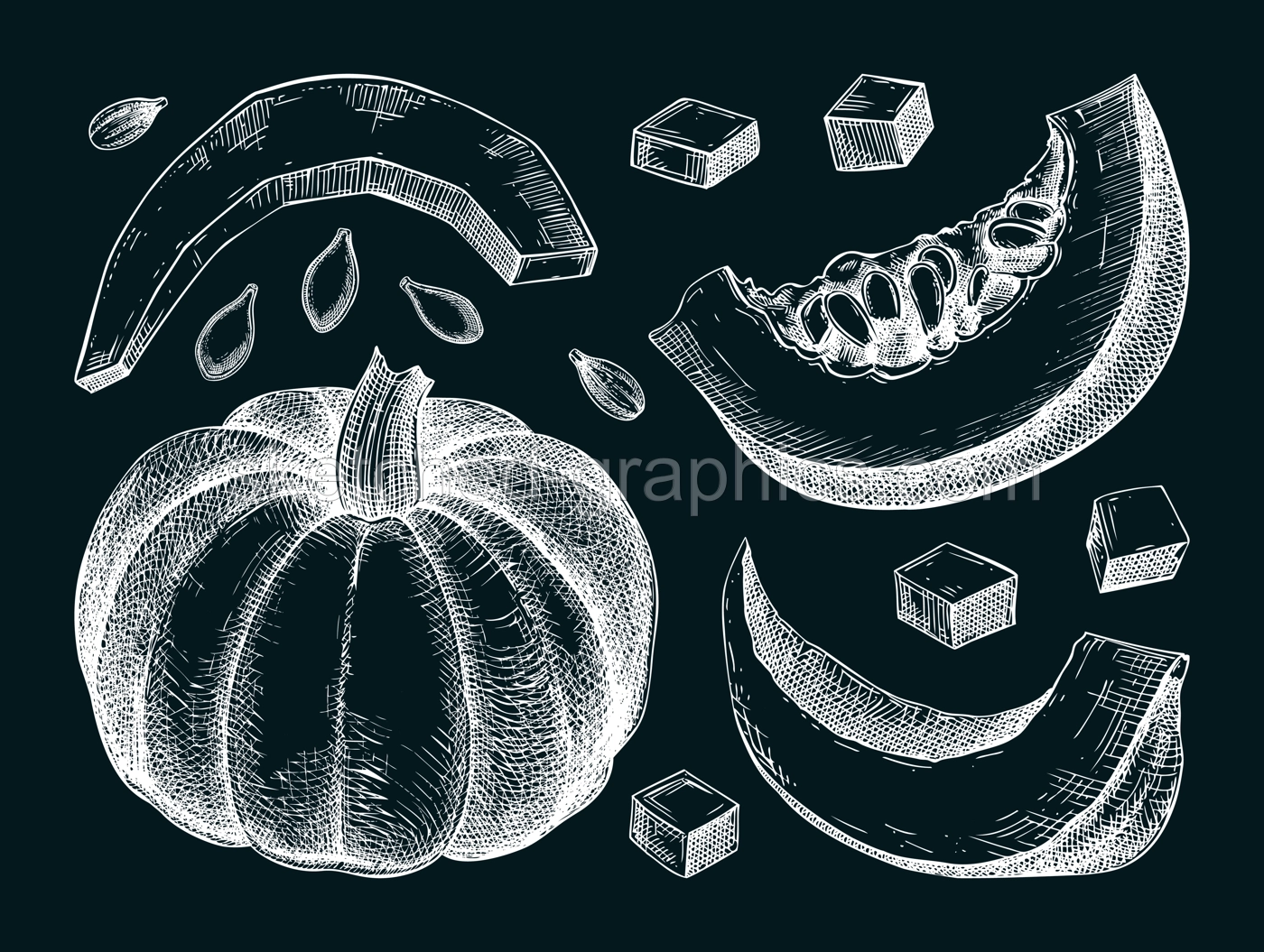 Pumpkin sketches set. Autumn vegetables hand-drawn vector illustrations. Vintage Thanksgiving day design elements on chalkboard. NOT AI generated Illustration